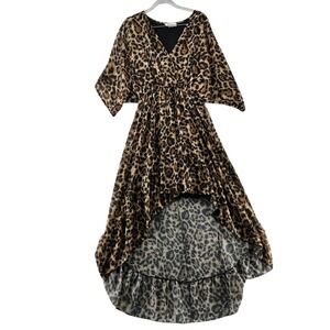 Berry N Cream Leopard‎ Print Dress High Low V Neck Kimono Sleeve Large